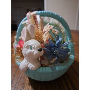 Vintage Handpainted Ceramic Rabbit Easter Bunny and Flowers in a Basket